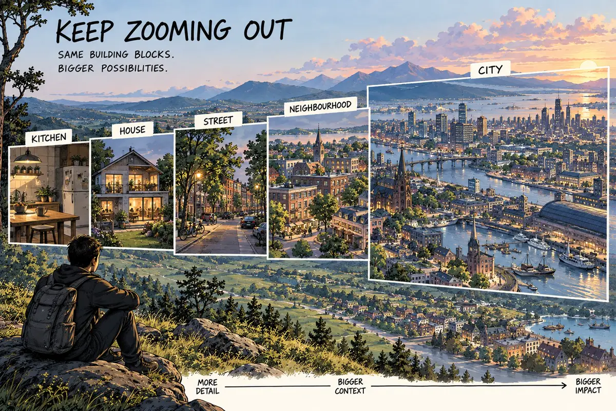 a person viewing a kitchen, house, street, neighbourhood, and city at increasing scale.